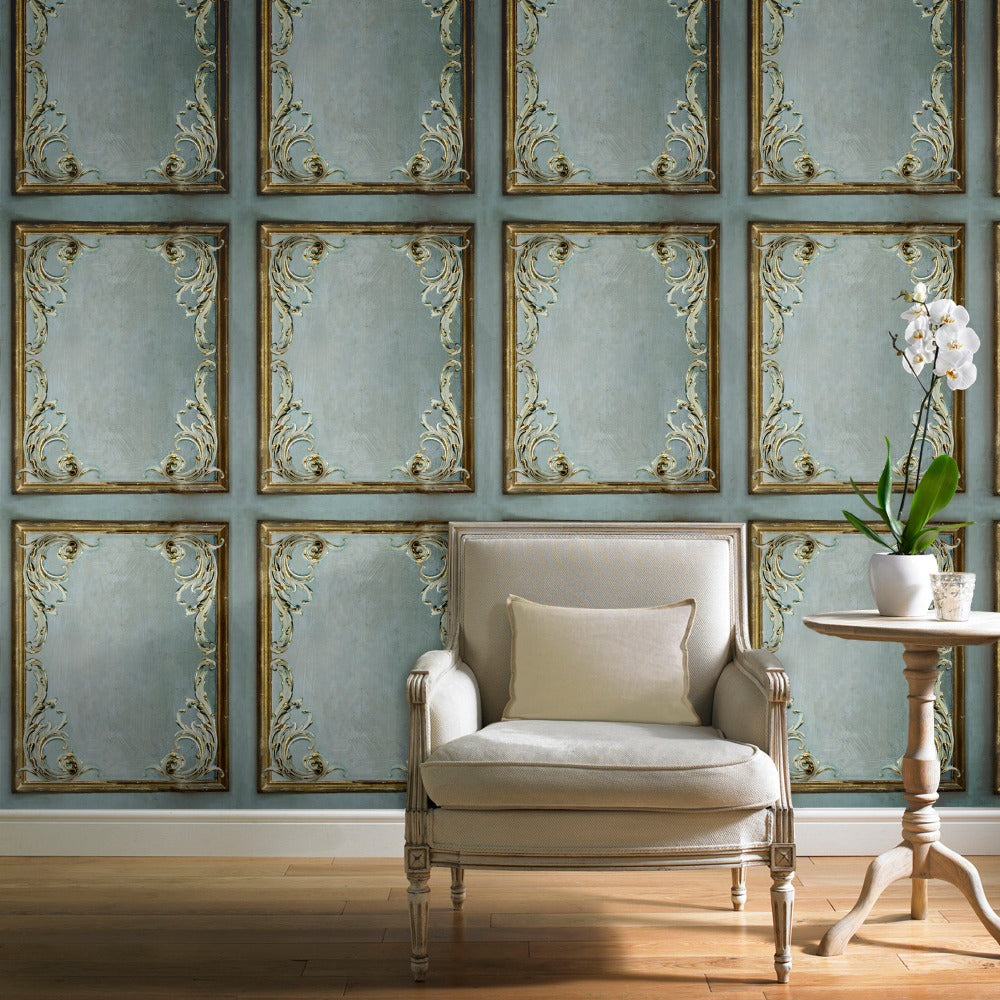 nv19100501g Fabulous vintage distressed panel effect in soft grey with gold. Paste the wall vinyl.