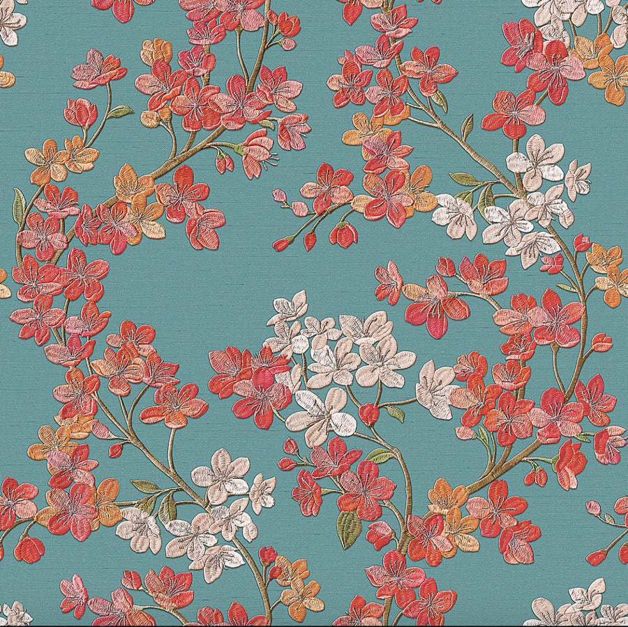 nvgr32277205di Beautiful cherry blossom floral trail in gorgeous aqua and red tones. Easy to hang and paste the wall. Amazing quality vinyl.