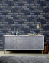 sa30077207a Self adhesive "peel & stick" wallpaper. Stylish metallic brick effect in navy and gold. Perfect for DIY and up-cycling projects. 6m long rolls.