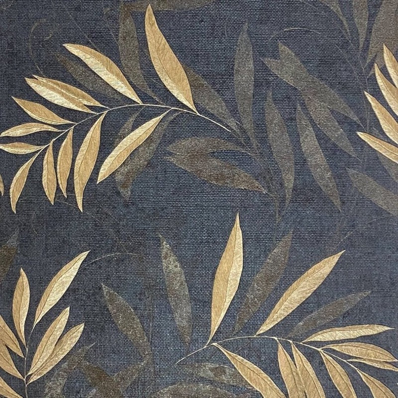 v29977301a A gorgeous delicate leaf design which features gold and champagne leaves on a navy textured background. Heavyweight vinyl. Ideal for high traffic areas.