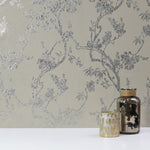 v90100802a Stunning sundown foil floral in dove grey and silver.