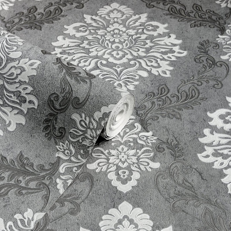 vh29000405a Beautiful ornamental damask pattern in charcoal grey. Heavy weight and beautiful quality vinyl.