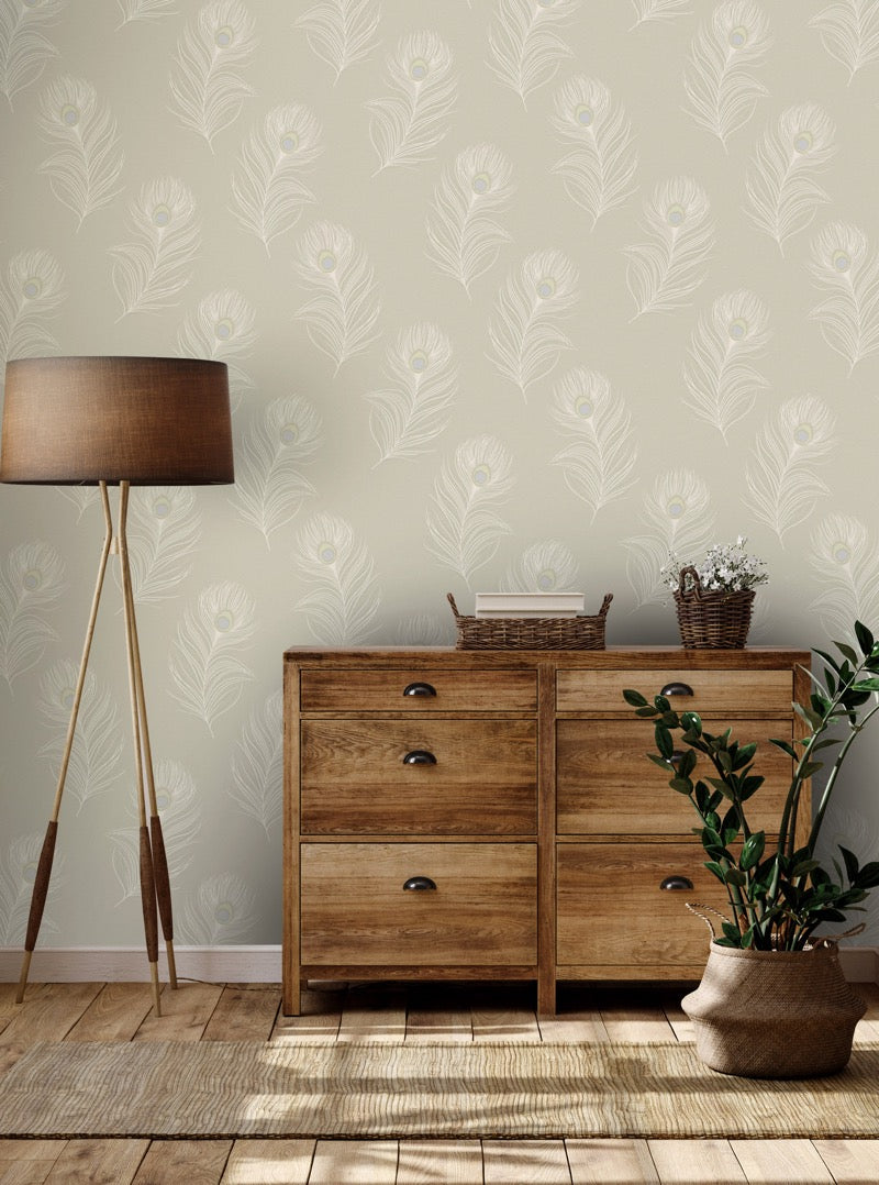 vh3622242h Beautiful peacock floating feather design in taupe. Stunning heavy weight Italian vinyl.