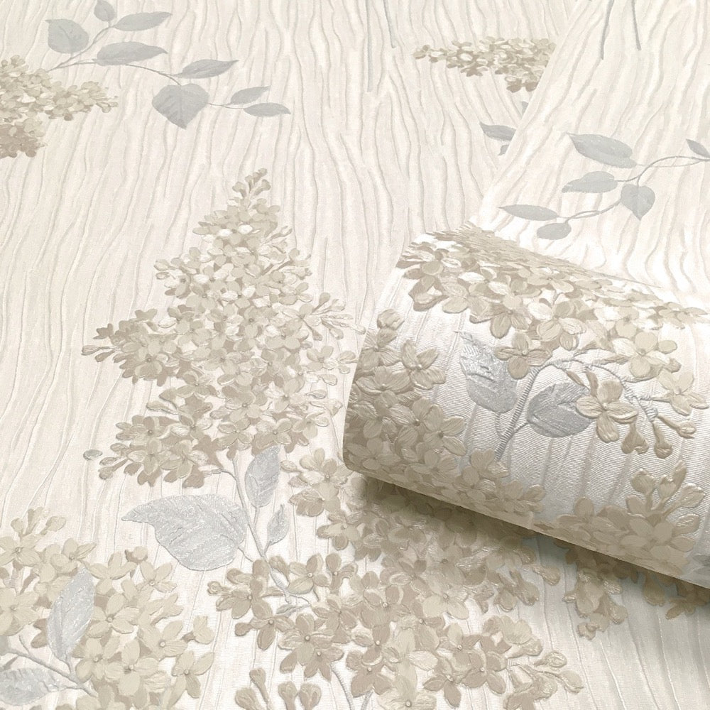 vh4134411b Delicate vintage floral motif on silk effect textured background in beige. Heavy weight Italian vinyl.