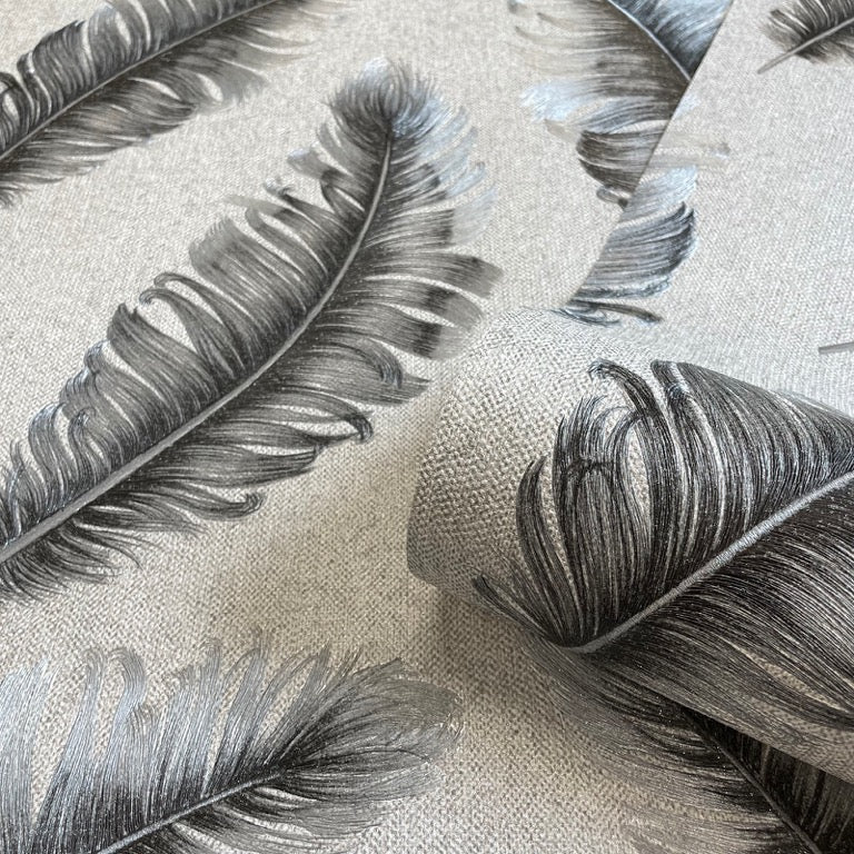 vh440001b Beautiful luxurious hessian texture with a stunning flowing gunmetal feather motif. Heavy weight Italian vinyl. Supreme quality and durable. Ideal for any space including high traffic areas.