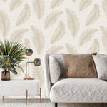 vh443302b Beautiful luxurious hessian texture with a stunning flowing feather motif in soft beige. Heavy weight Italian vinyl. Supreme quality and durable. Ideal for any space including high traffic areas.