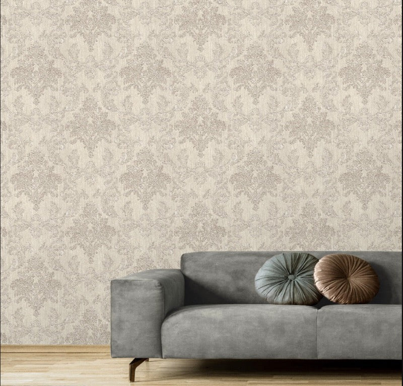 vh52633233r Beautiful classic damask in gorgeous taupe shimmering tones on heavyweight textured vinyl. Paste the wall.
