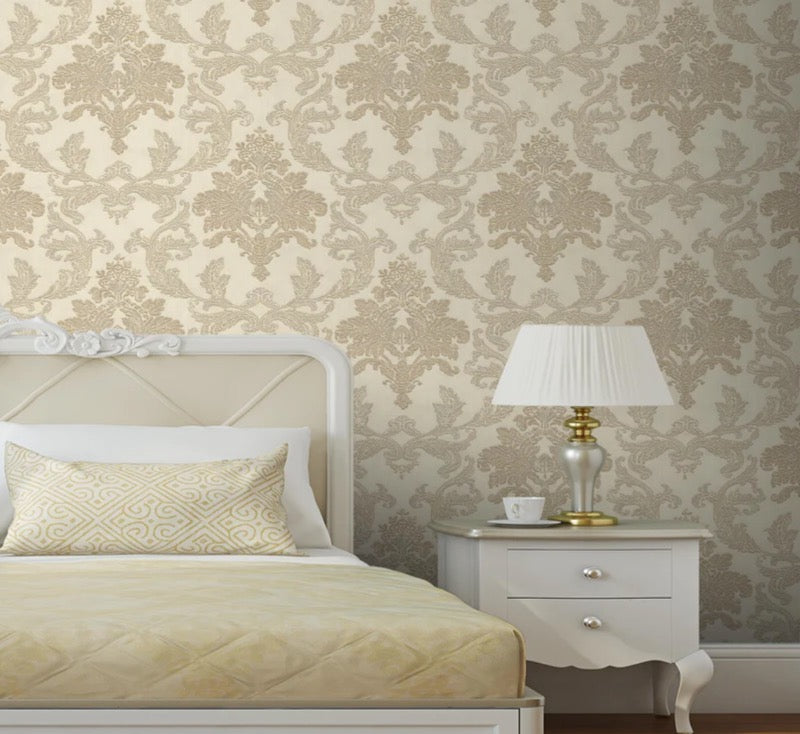vh52666202r Beautiful classic damask in soft cream and gold shimmering tones on heavyweight textured vinyl. Paste the wall.