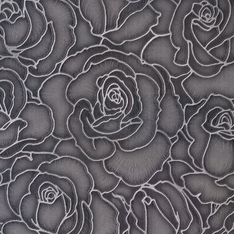 vh6500131b Heavyweight Italian vinyl with black and silver floral rose pattern.