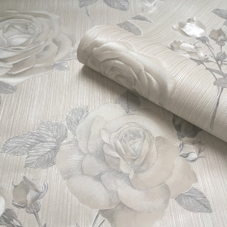 vh730065b Gorgeous large scale rose pattern in soft silver. Heavy weight vinyl.