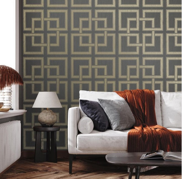 vh736683b Gorgeous large scale geometric squares in charcoal and metallic gold. Supreme quality heavy weight vinyl.