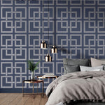 vh737780B. Gorgeous large scale geometric squares in navy and metallic silver. Supreme quality heavy weight vinyl.