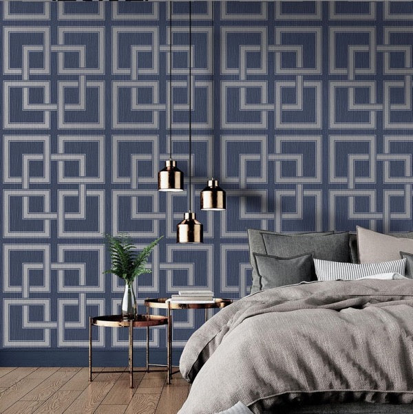 vh737780b Gorgeous large scale geometric squares in navy and metallic silver. Supreme quality heavy weight vinyl.