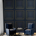 vh737785b Luxurious panel effect vinyl in navy blue and gold. Supreme quality heavy weight Italian vinyl.