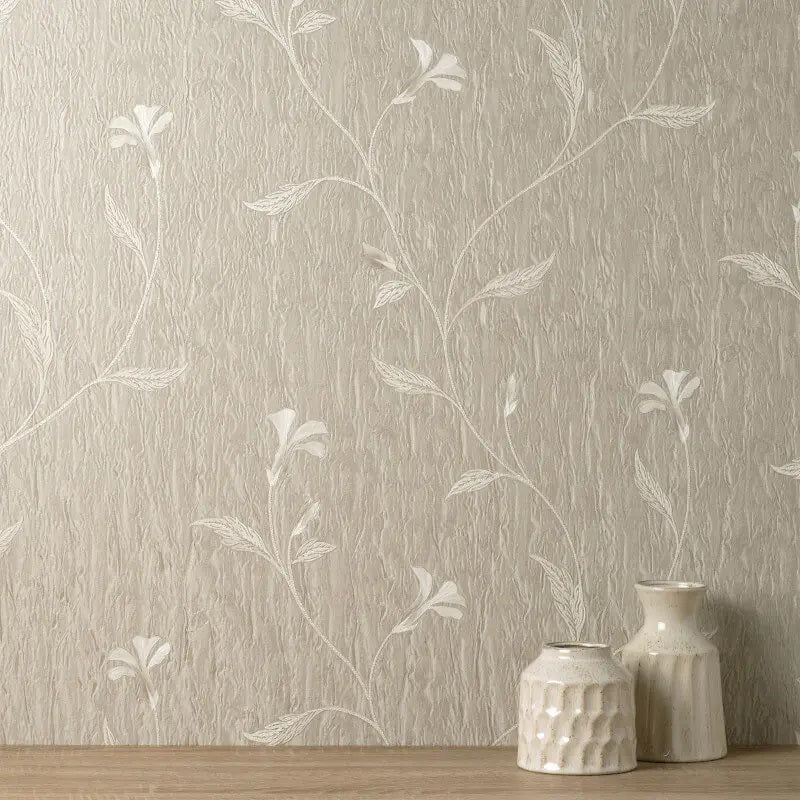 vh9563352fd Beautiful floral trail in gorgeous soft taupe. Supreme quality textured heavy weight vinyl.