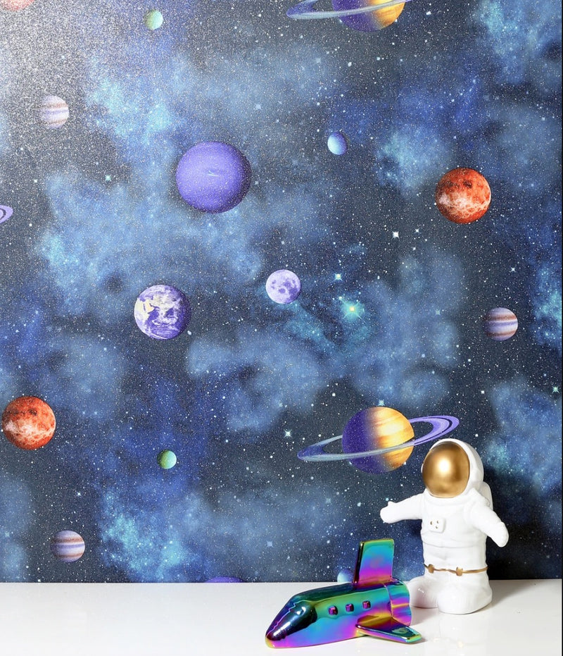 vs29677000a Cool outer space wallpaper in navy. Fabulous glitter adds a cool effect to this stars and planets design.