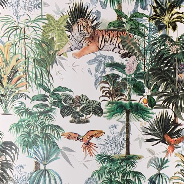 vs90955407a Funky tropical jungle themed wallpaper with tigers and birds.