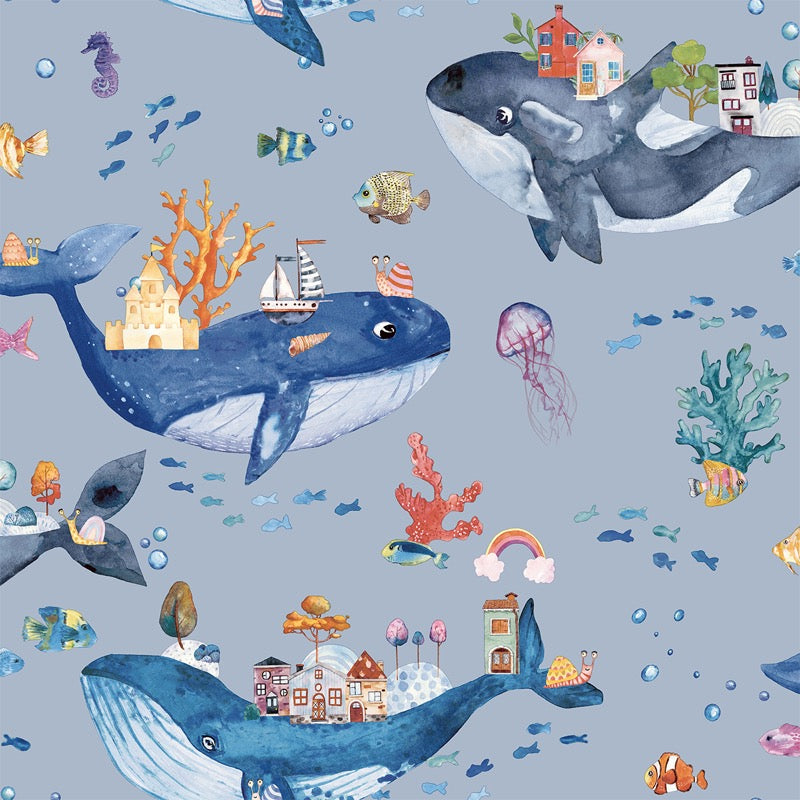 w1327720h Beautiful whale and ocean kids scene on a gorgeous blue background.