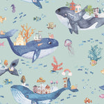 w1327721h Beautiful whale and ocean kids scene on a gorgeous teal background.