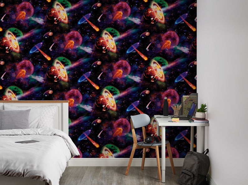 w1327730h Cool outer space wallpaper with planets and astroids in funky colours.