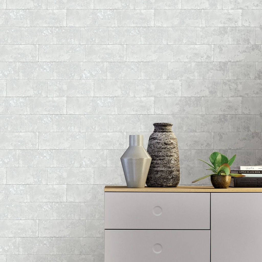 w24800678r Fabulous metallic brick effect wallpaper in gorgeous grey.