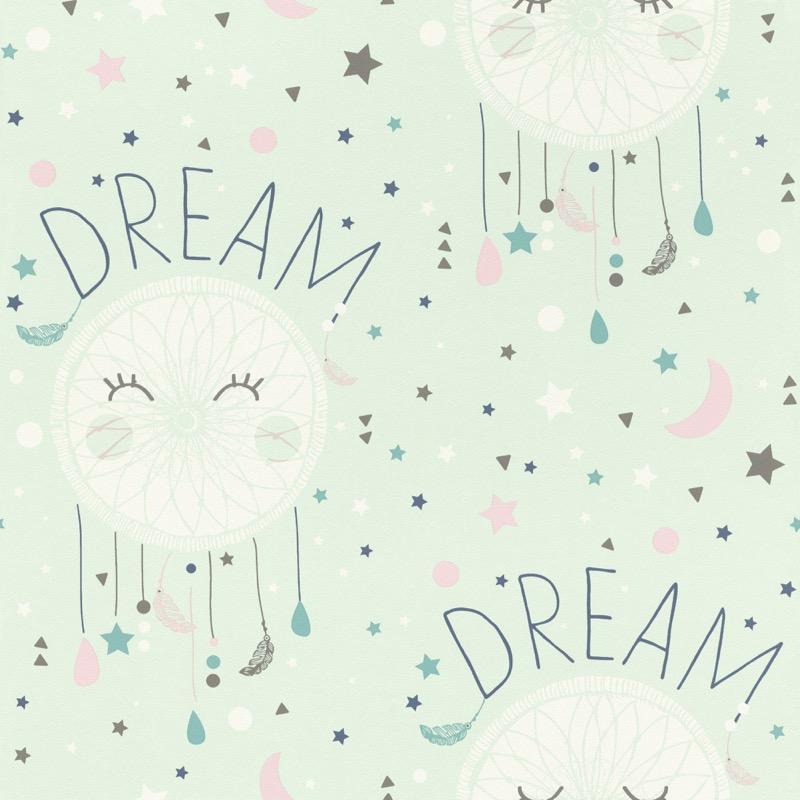 w24866760r A delicate dream catcher wallpaper in soft colours. Perfect for a nursery or kids playroom.