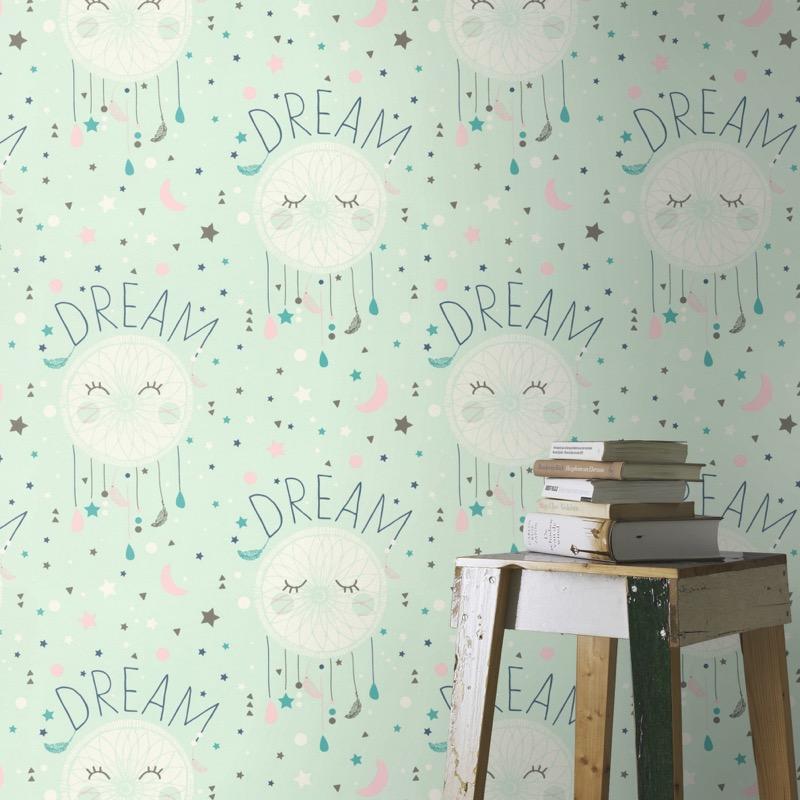w24866760r A delicate dream catcher wallpaper in soft colours. Perfect for a nursery or kids playroom.