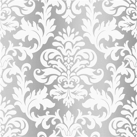 w27500765r Stunning silver and white damask on metallized wallpaper.