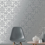 w27500789r Stunning silver and charcoal damask on metallized wallpaper.