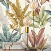 w28211879r Beautiful hand-painted effect leaf design in gorgeous shades of teal, mustard, green, pink and soft grey.