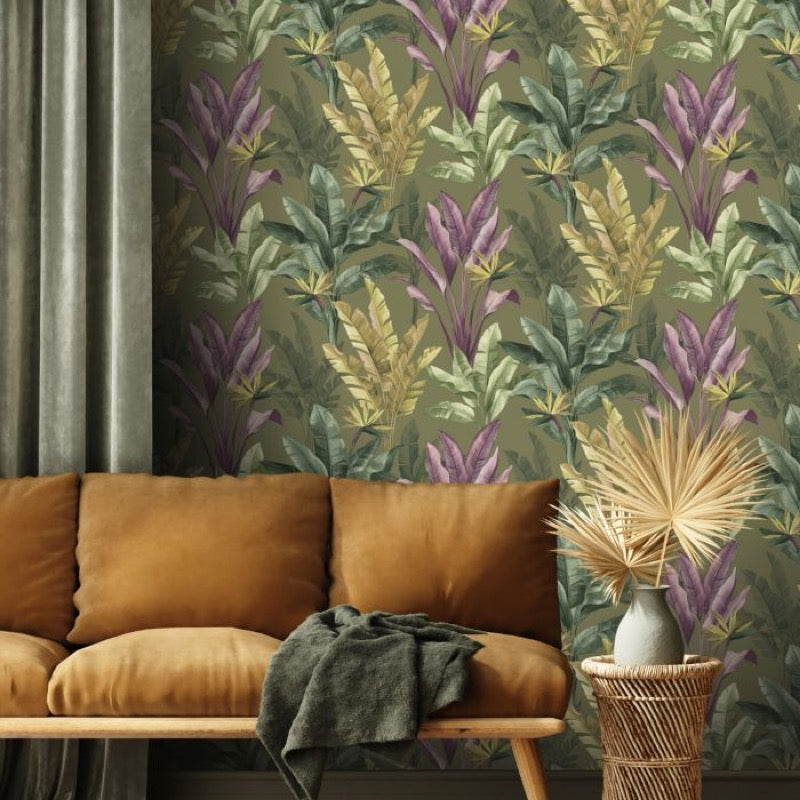 w28255886r Beautiful hand-painted effect leaf design in gorgeous shades of green and vibrant purple on a matt olive green background.