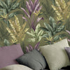 w28255886r Beautiful hand-painted effect leaf design in gorgeous shades of green and vibrant purple on a matt olive green background.