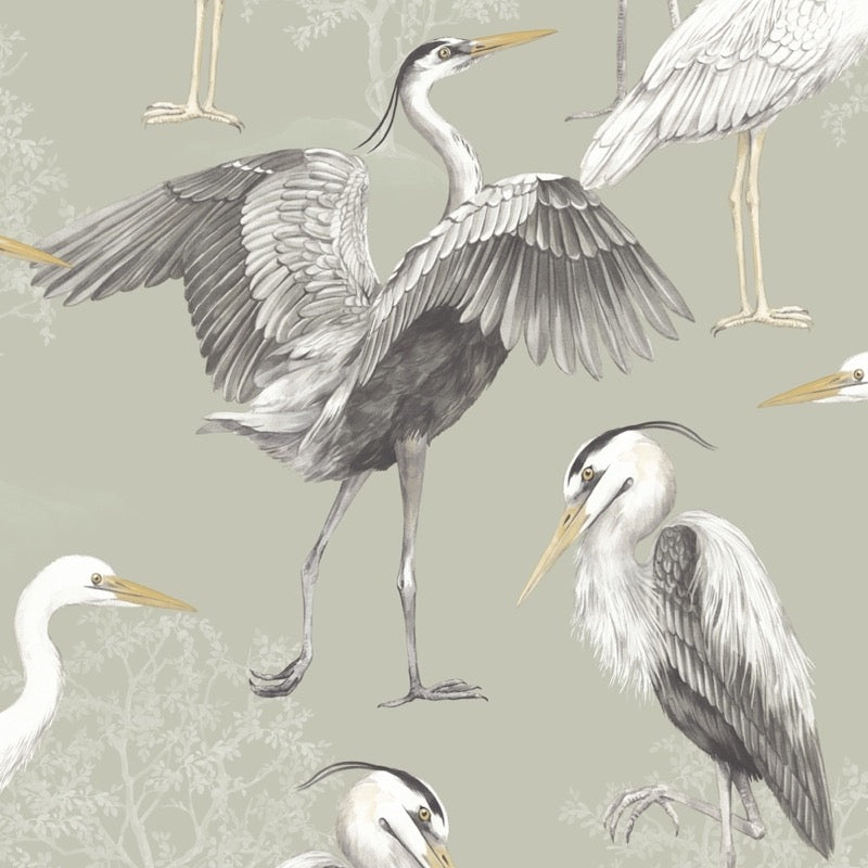 w28355951r Stylish heron bird design wallpaper in stylish sage green.