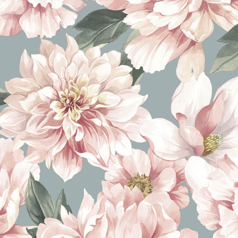 w28377753r Gorgeous large scale floral design in soft blush pink against a matt duck egg background. Heavy wallpaper.