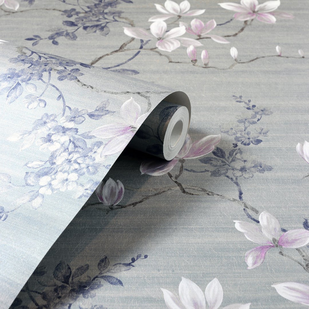 w29300401a Beautiful hand painted effect wallpaper with an elegant floral design on a matt grey background. Paste the wall designer wallpaper.