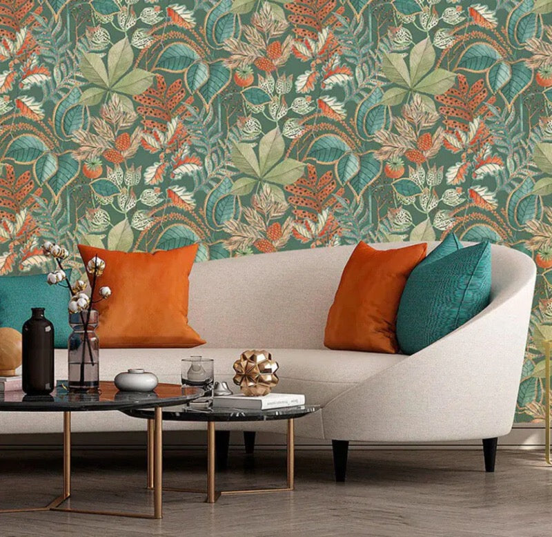 w375581b Fabulous and stylish botanical leaf design wallpaper. Rich and warm autumnal tones on a gorgeous green background.
