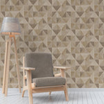 w4233222f Triangular geometric with metallic fine line highlight, created from wood block effect in soft neutrals.