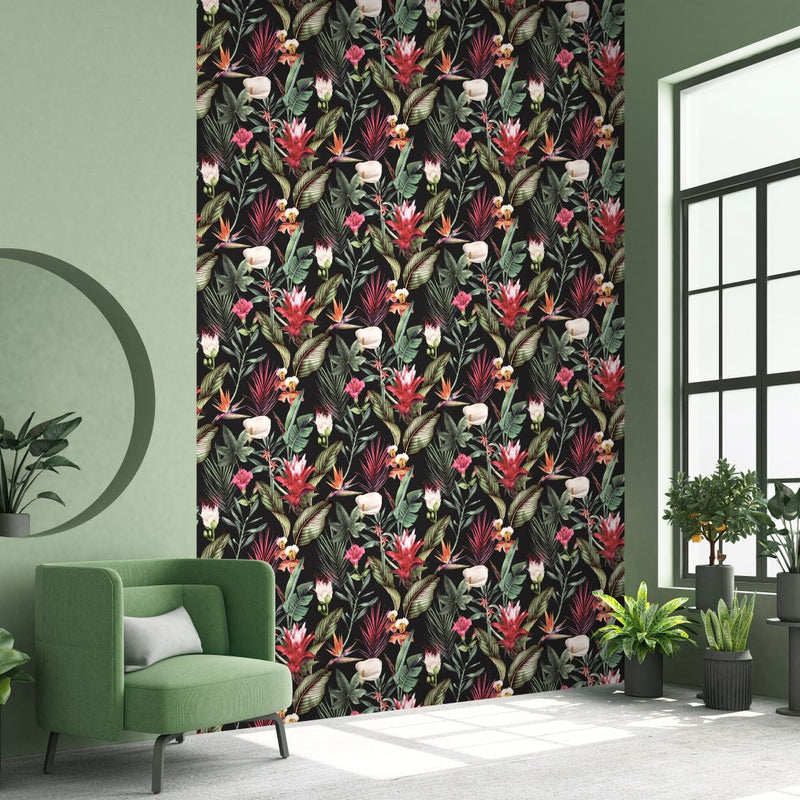 w500070d Fabulous bold tropical floral in gorgeous pinks and greens on a black background.