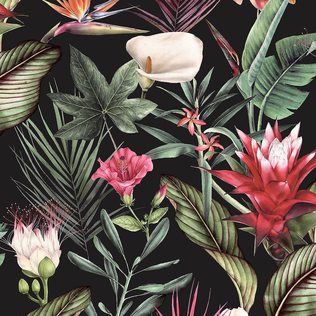 w500070d Fabulous bold tropical floral in gorgeous pinks and greens on a black background.