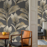 w5910016b Trendy large scale palm leaf design in charcoal and neutral tones.