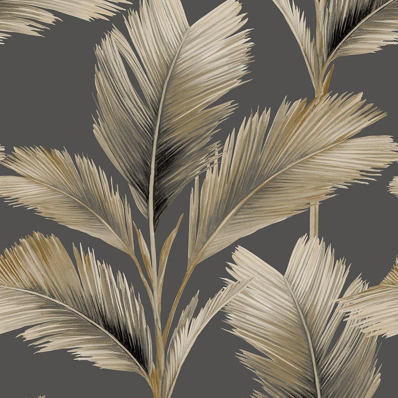 w5910016b Trendy large scale palm leaf design in charcoal and neutral tones.