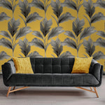w5916618b Trendy large scale palm leaf design in yellow and charcoal grey.