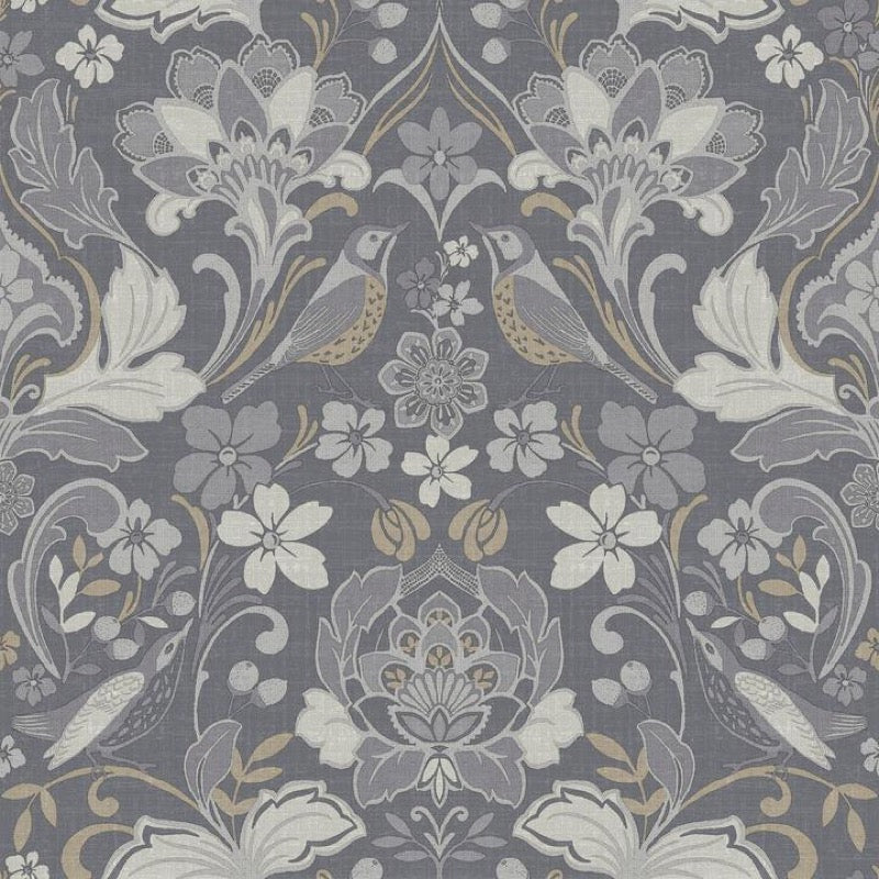 w67600003a Gorgeous grey vintage floral and birds wallpaper.