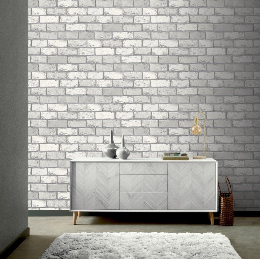 w69200201a Stylish white brick wallpaper with silver metallic highlights