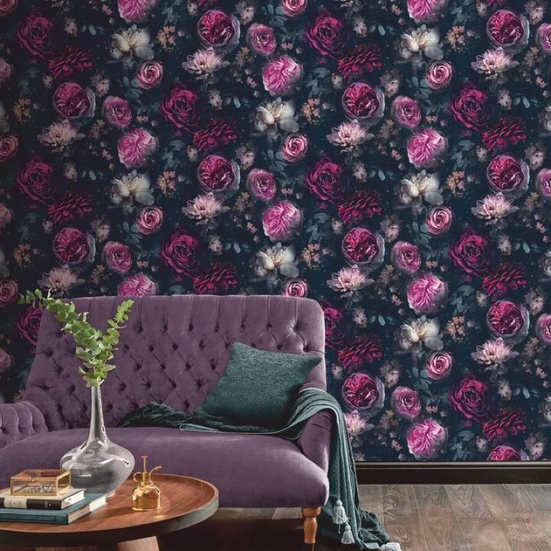 w69288801a Stunning and dramatic 3D floral wallpaper with glitter highlights.