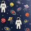 w69777901a Fun navy blue sky with stars, spacemen, planets and spaceships in navy blue. Perfect for a kids feature wall.