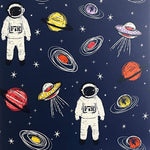 w69777901a Fun navy blue sky with stars, spacemen, planets and spaceships in navy blue. Perfect for a kids feature wall.