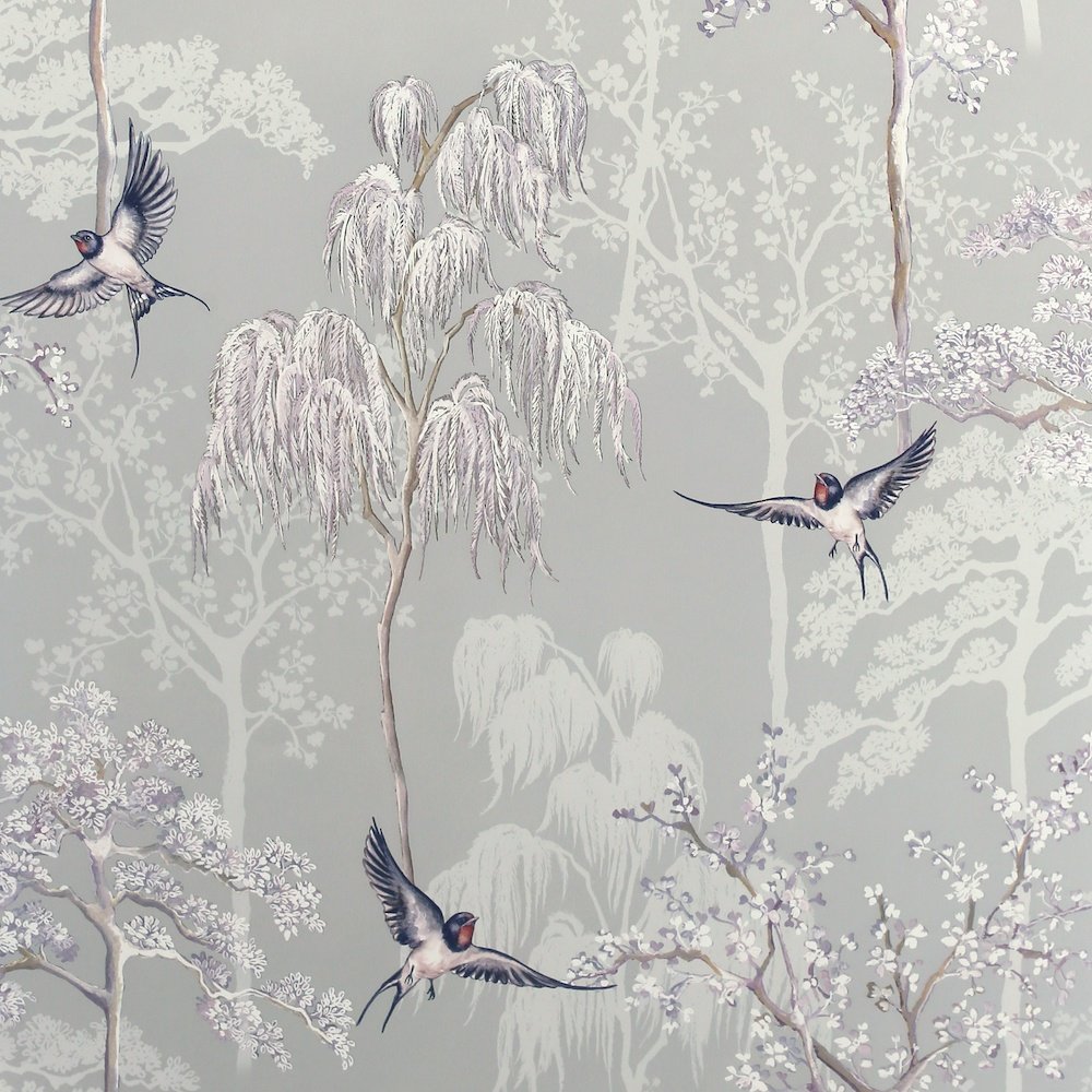 w90800105a Stylish hand drawn oriental trees and birds on a soft grey background.