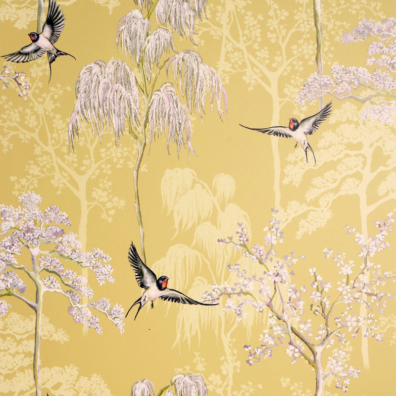 w90866002a Stylish hand drawn oriental trees and birds on a soft ochre coloured background.