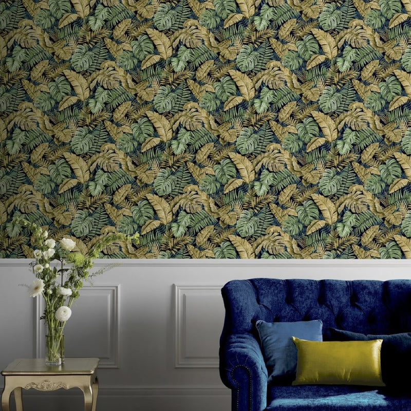 w90955101a Gorgeous exotic palm leaf in vibrant and trendy colours. Heavy wallpaper.